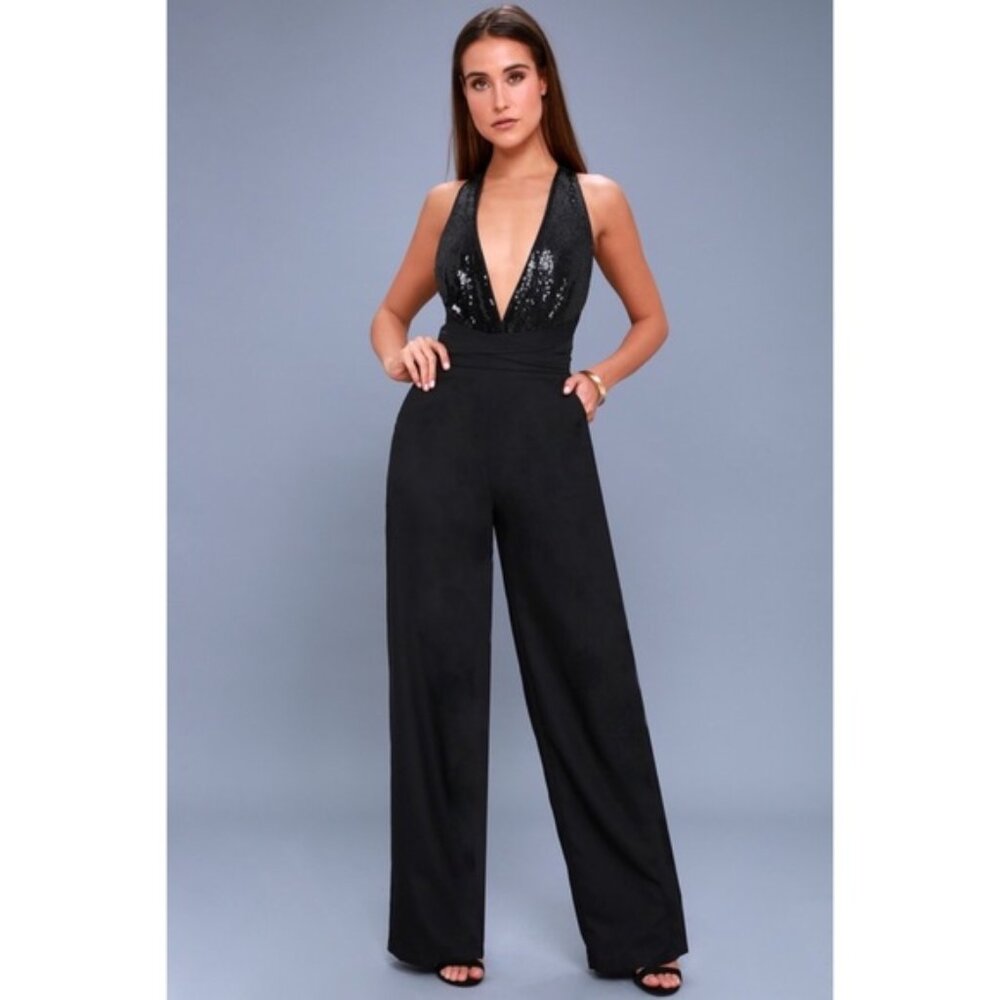 Lulus Disco Heaven Black Sequin Jumpsuit. MEDIUM